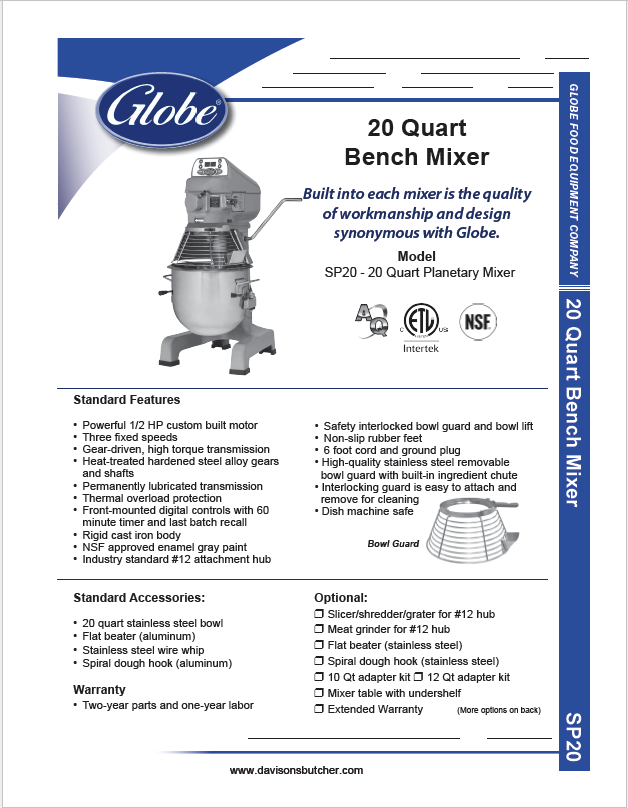 Globe SP20 20 Quart Mixer Davison's Butcher Supply